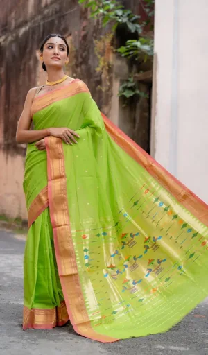 mugdha handloom parrot green cotton paithani