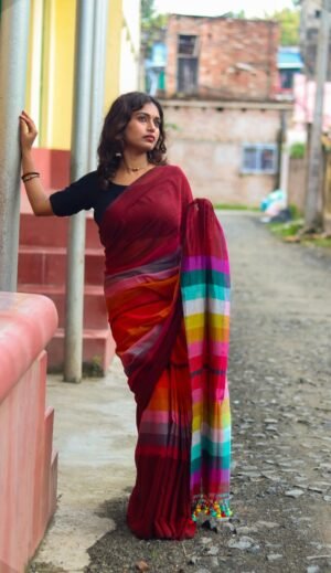 Handwoven mul cotton saree with multicoloured